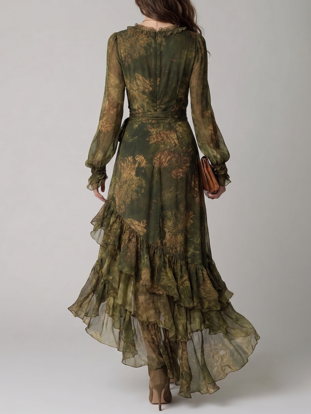 Women's Green Floral Wrap Maxi Dress with V-Neck, Long Sleeves and Ruffle Tiers