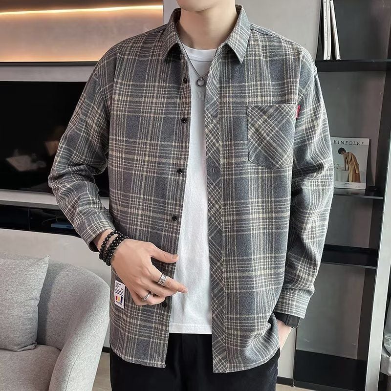 Men's Spring Long-Sleeve Check Shirt, Fitted