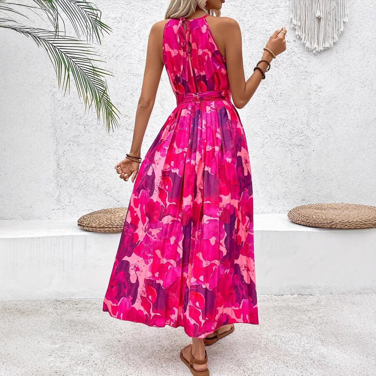 Women's Sleeveless Floral Print Midi Dress with Pleated Waist and A-Line Cut