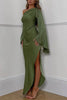 Zayla Satin Asymmetrical One Shoulder Bell Sleeve Split Maxi Dress