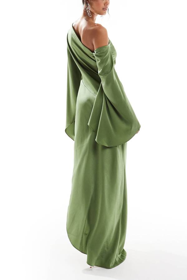 Chic und Stil | Zayla Satin Asymmetrical One Shoulder Bell Sleeve Split Maxi Dress