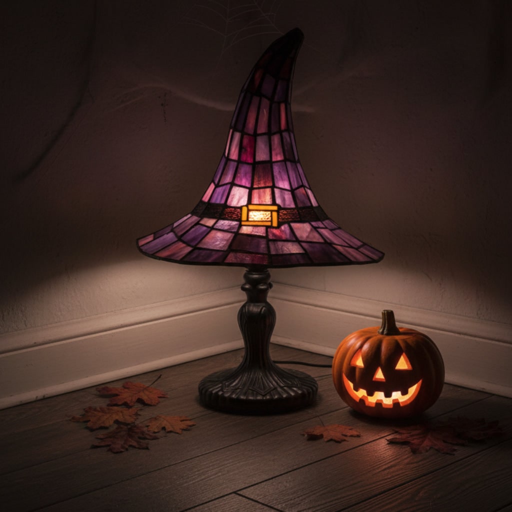 Halloween Witch Hat Table Lamp with Stained Glass Lampshade
