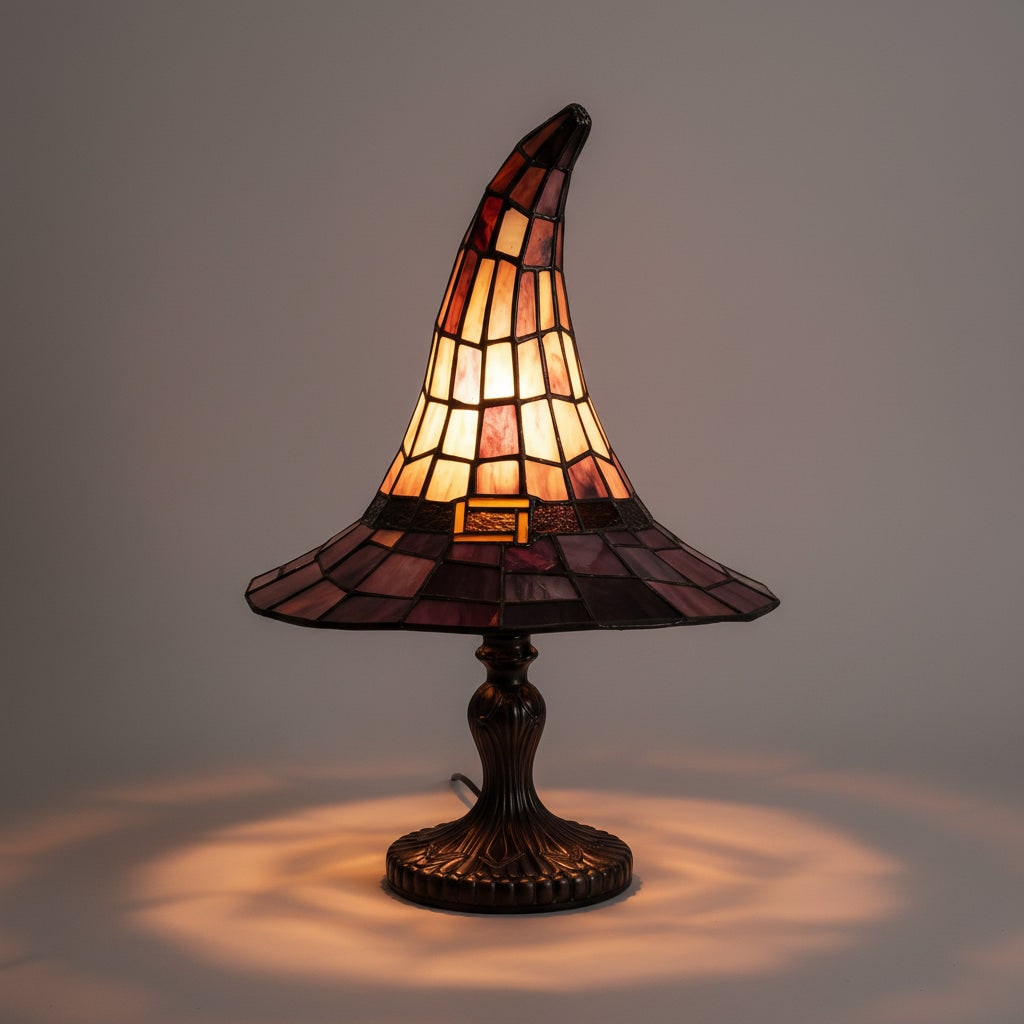Halloween Witch Hat Art Glass Table Lamp with Stained Shade and Bronze Base