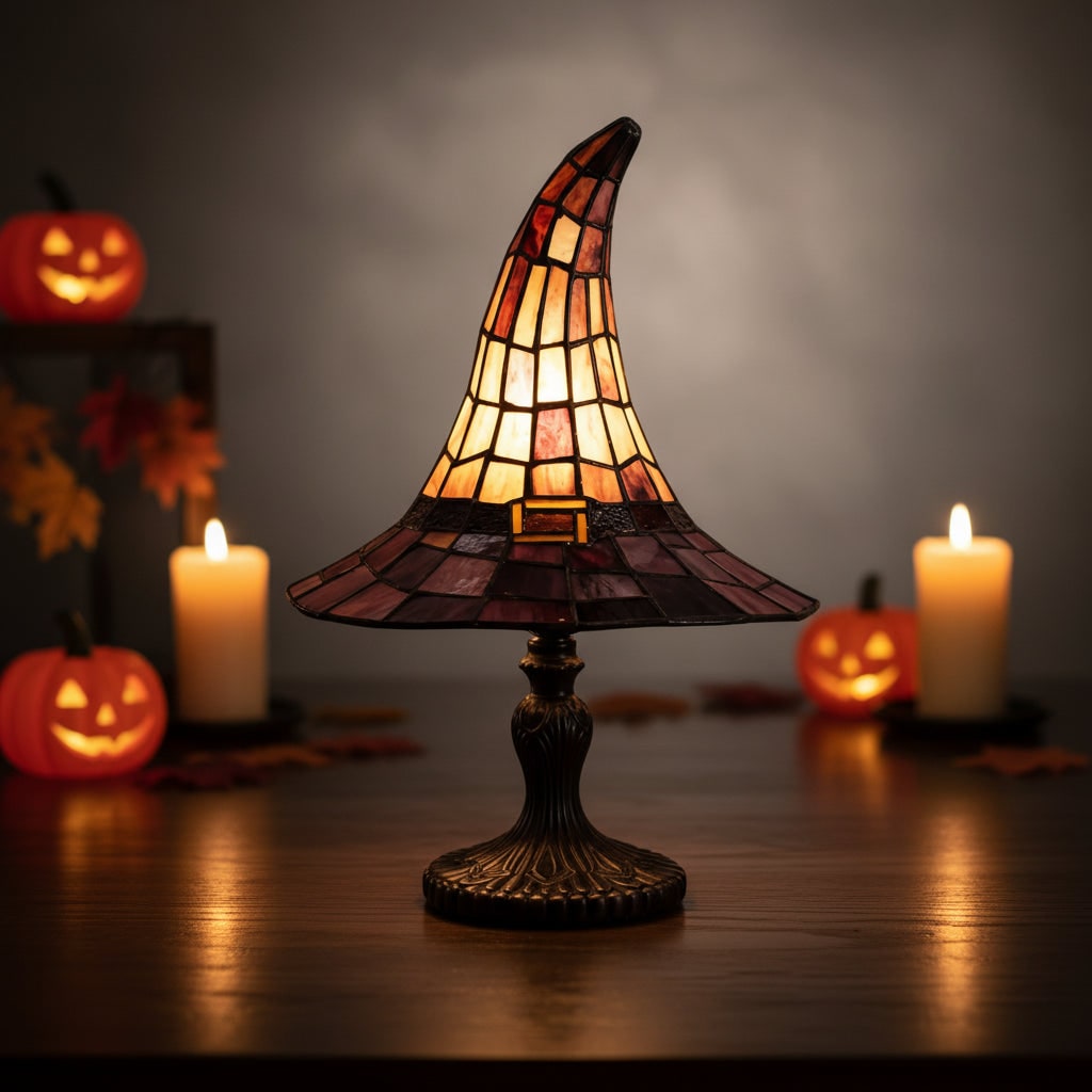 Halloween Witch Hat Art Glass Table Lamp with Stained Shade and Bronze Base