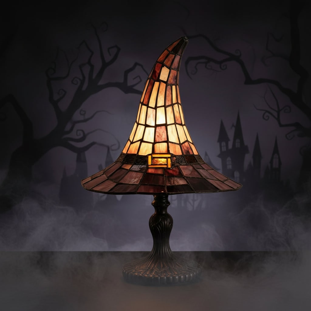 Halloween Witch Hat Art Glass Table Lamp with Stained Shade and Bronze Base