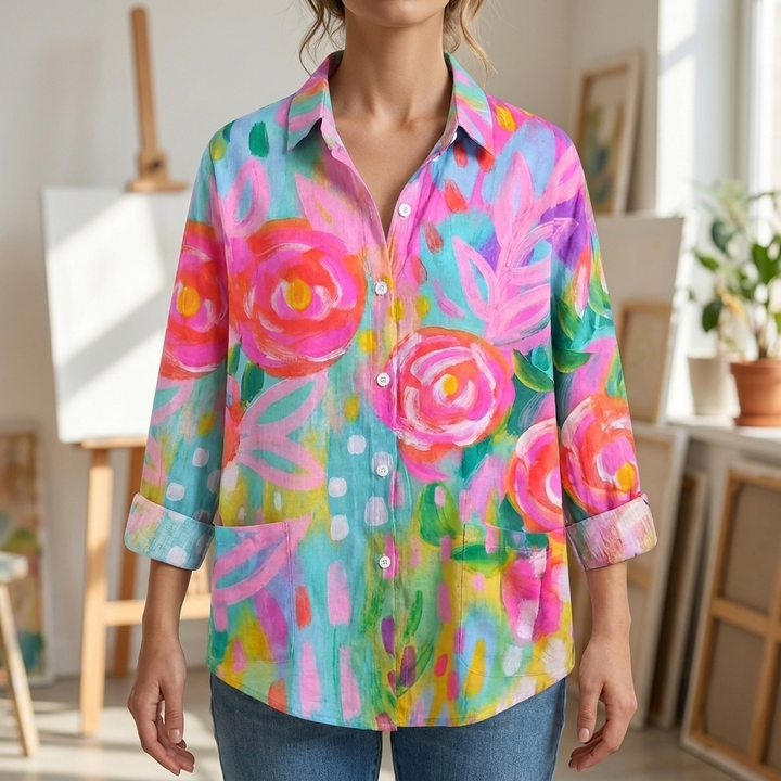 Colorful Floral Button‑Front Blouse for Women