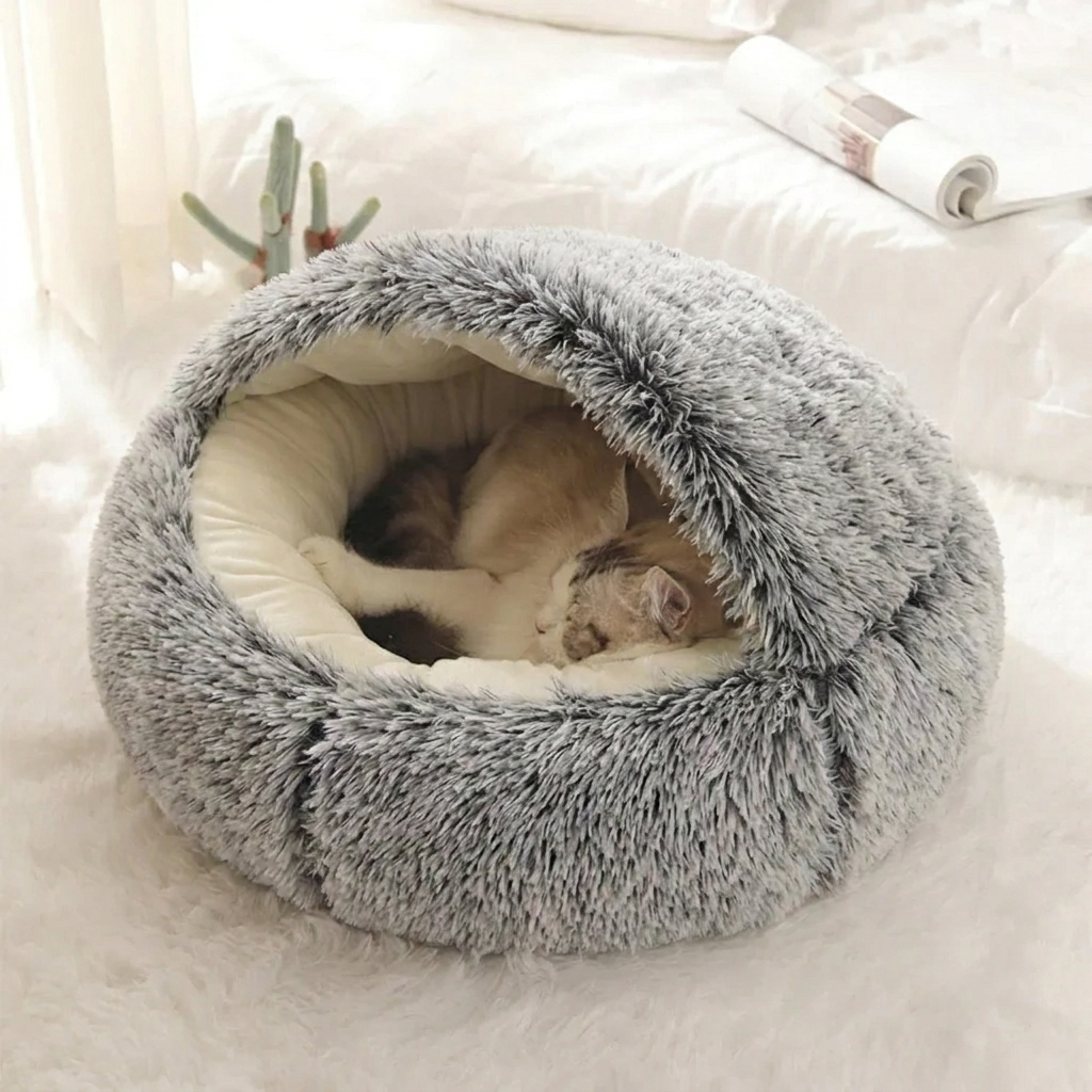 CuddlePaws 2-in-1 Plush Cat Cave with Removable Hood