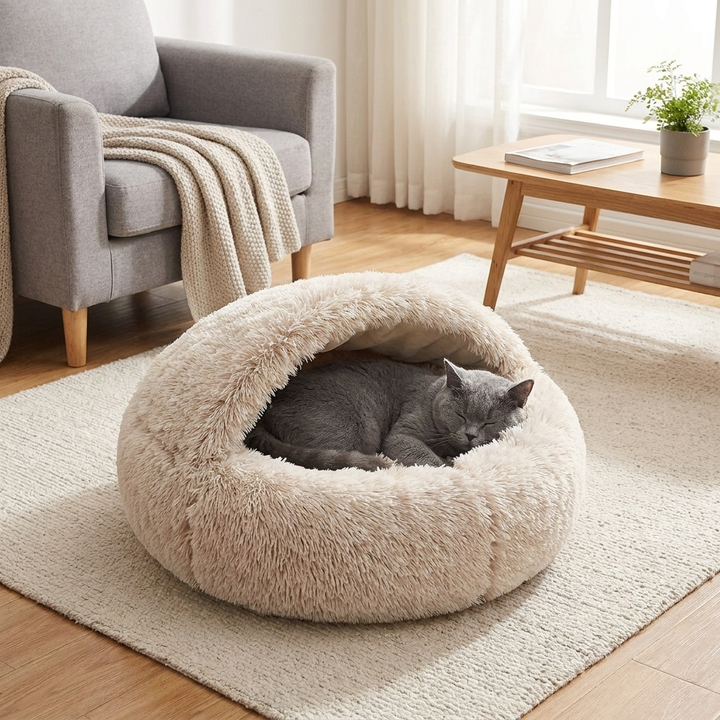 CuddlePaws 2-in-1 Plush Cat Cave with Removable Hood