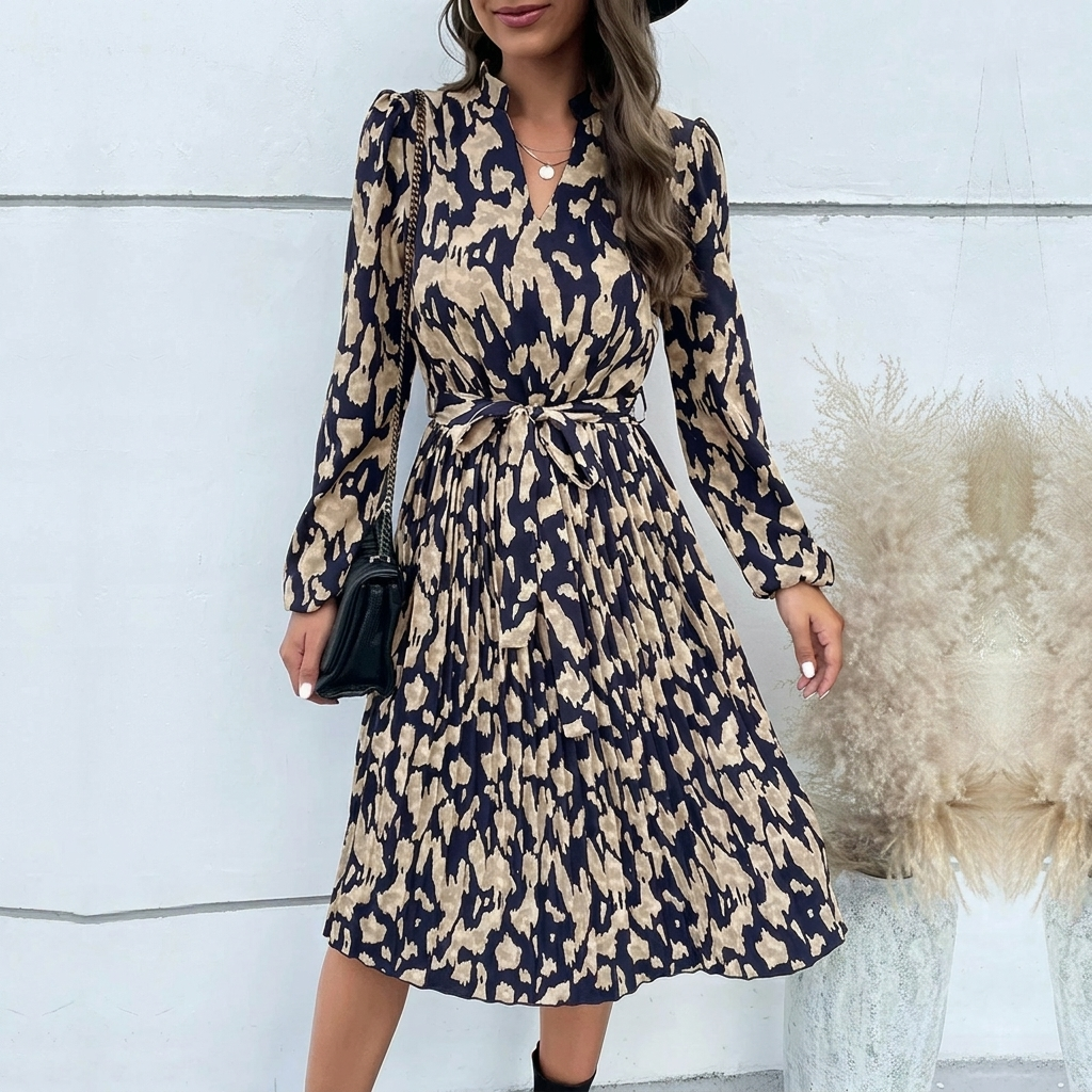 A‑Line Long Sleeve Dress with Tie Belt