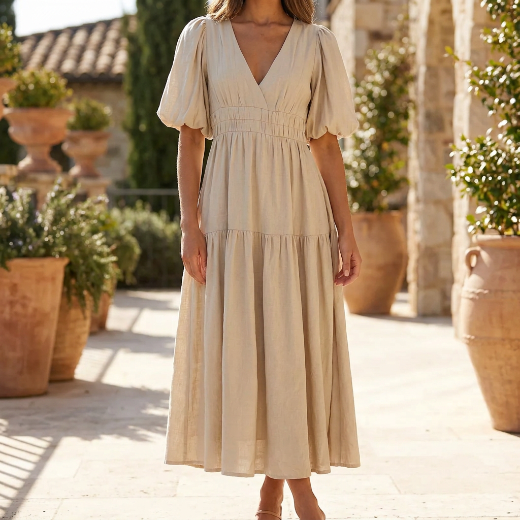 Elegant Women's Midi Dress with Puff Sleeves