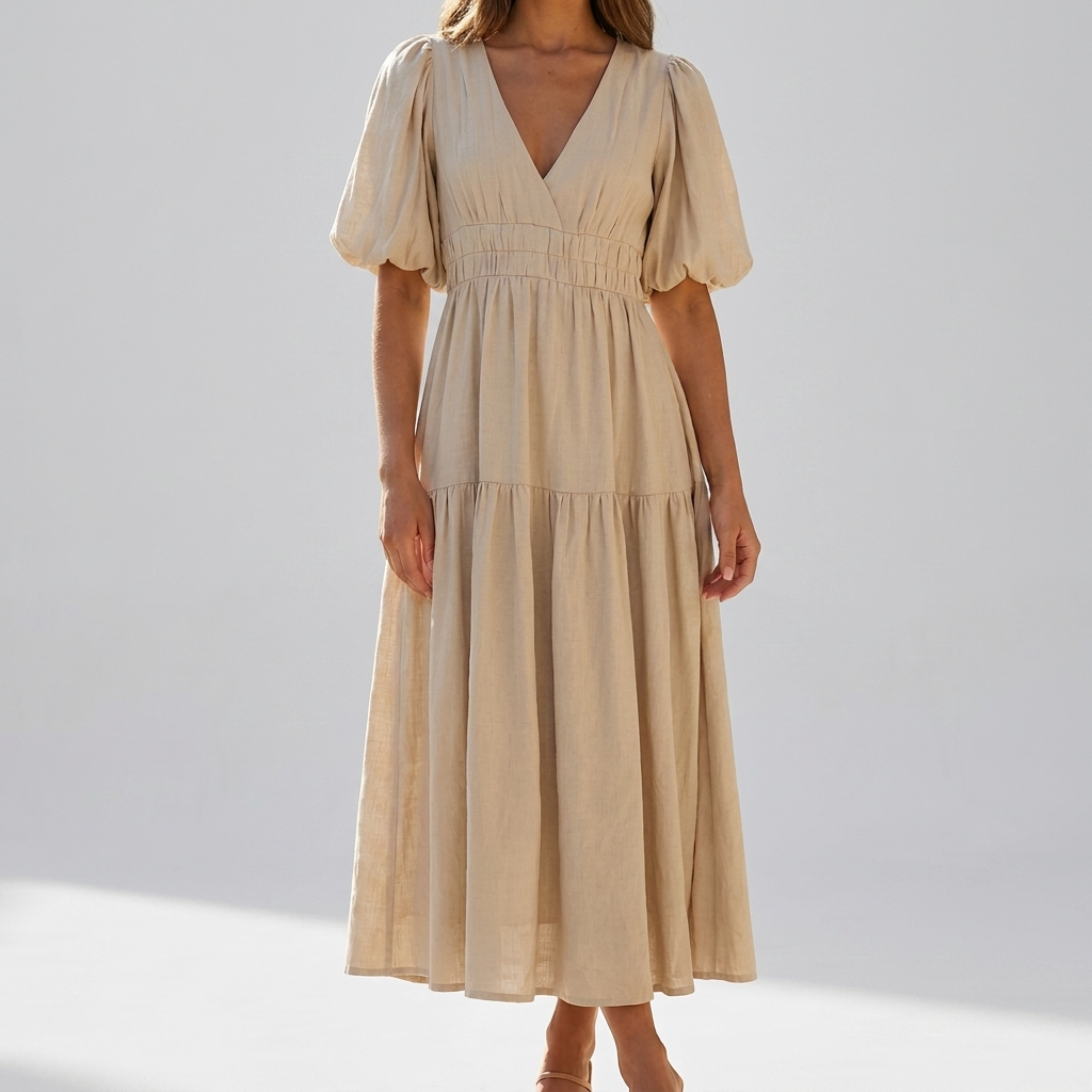 Elegant Women's Midi Dress with Puff Sleeves