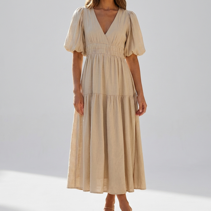 Elegant Women's Midi Dress with Puff Sleeves