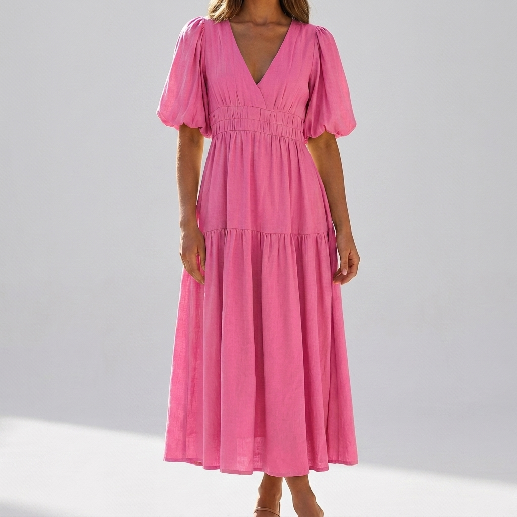 Elegant Women's Midi Dress with Puff Sleeves