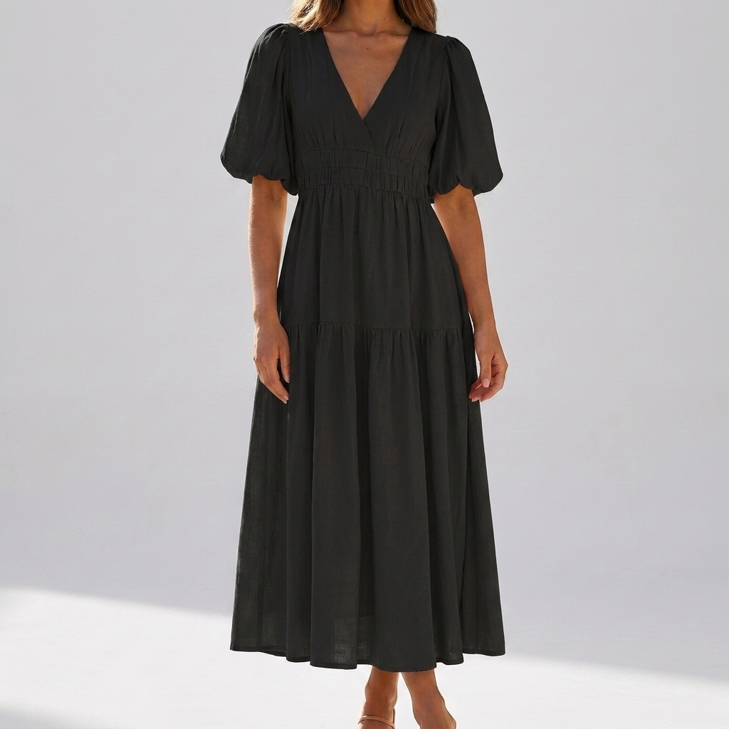 Elegant Women's Midi Dress with Puff Sleeves