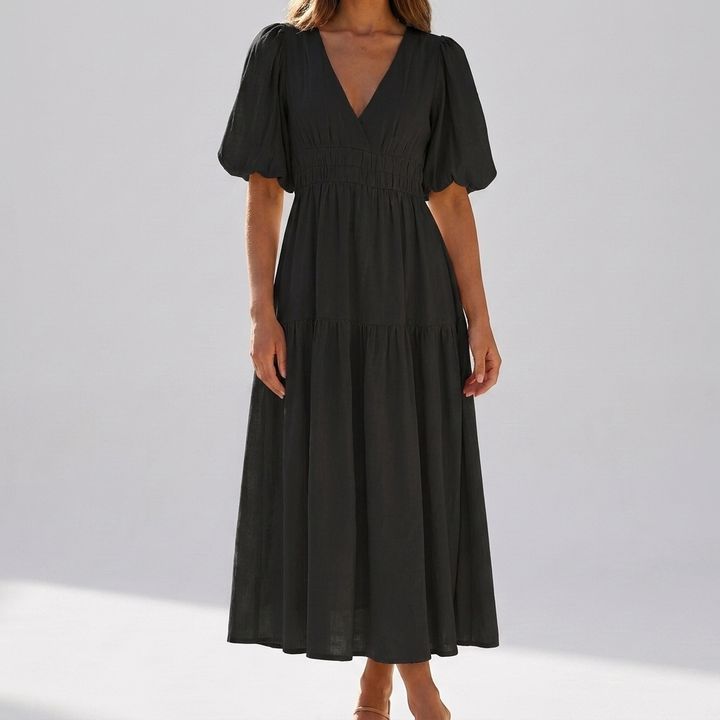 Elegant Women's Midi Dress with Puff Sleeves