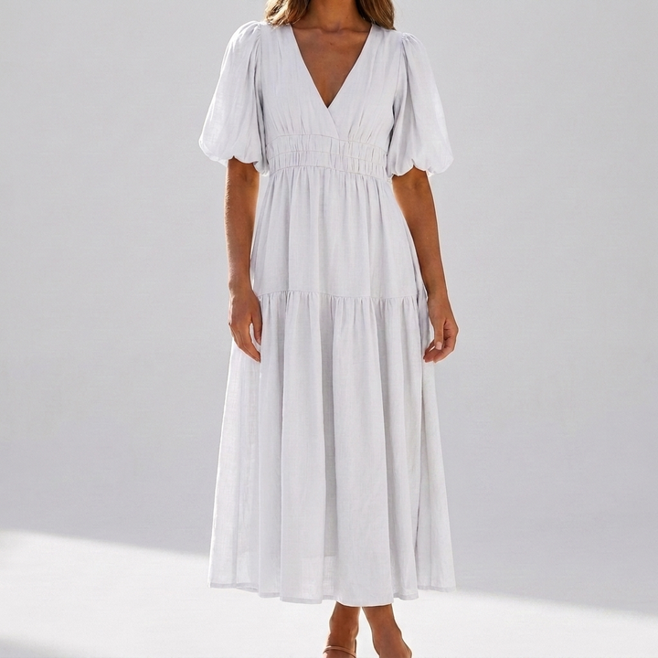 Elegant Women's Midi Dress with Puff Sleeves