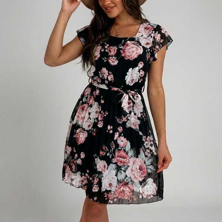 Flowy Floral Dress with Adjustable Tie Belt