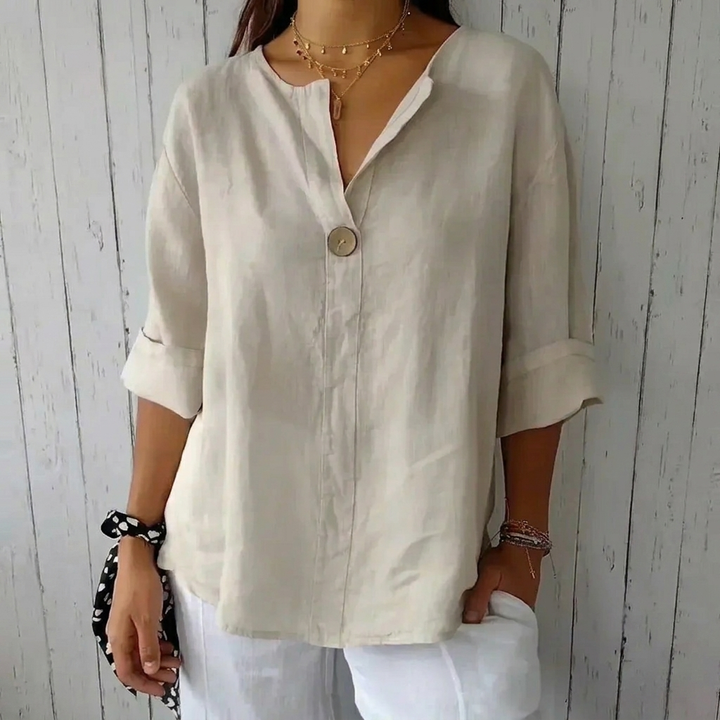 Classic Button-Down Blouse with Rolled Sleeves and Flattering V-Neck