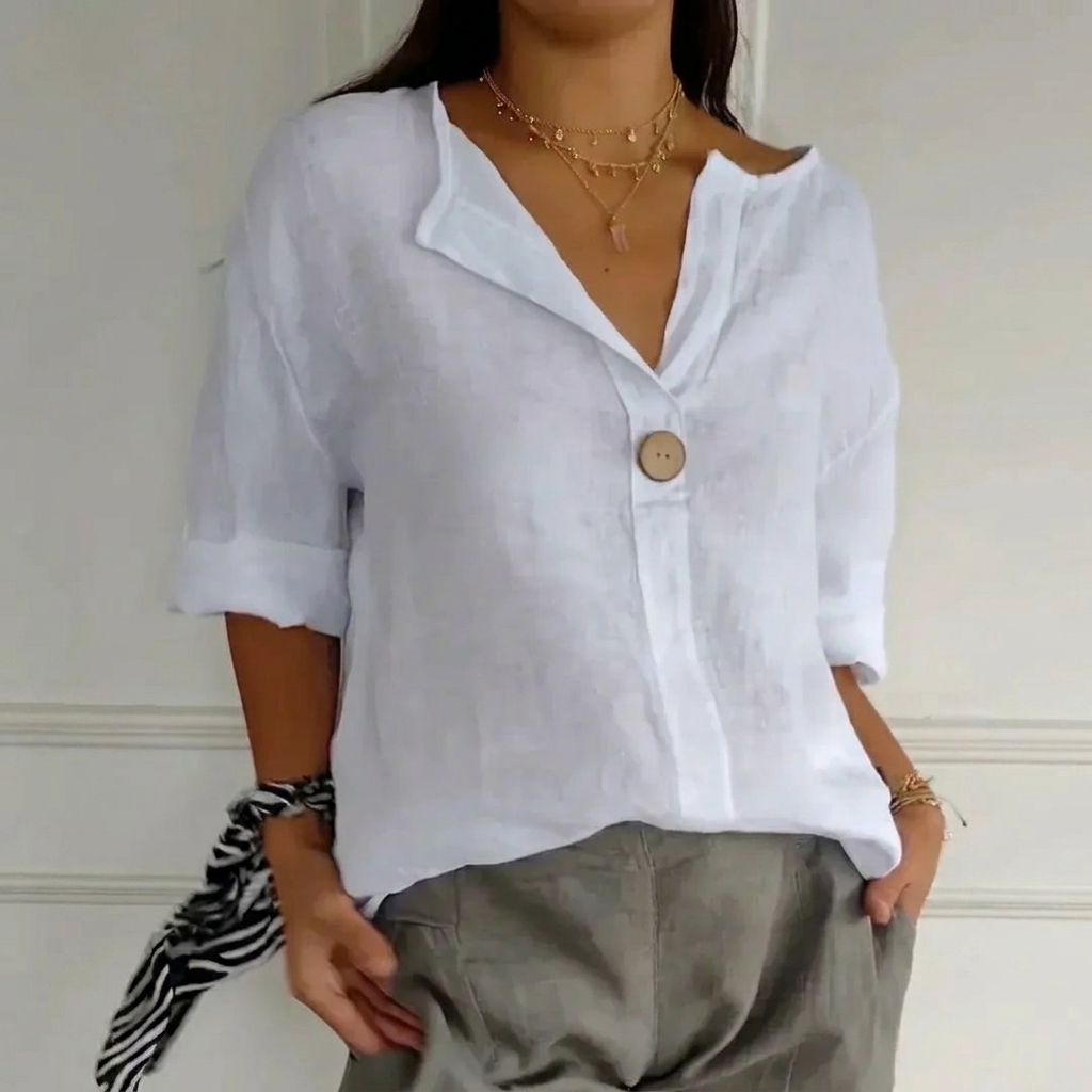 Classic Button-Down Blouse with Rolled Sleeves and Flattering V-Neck