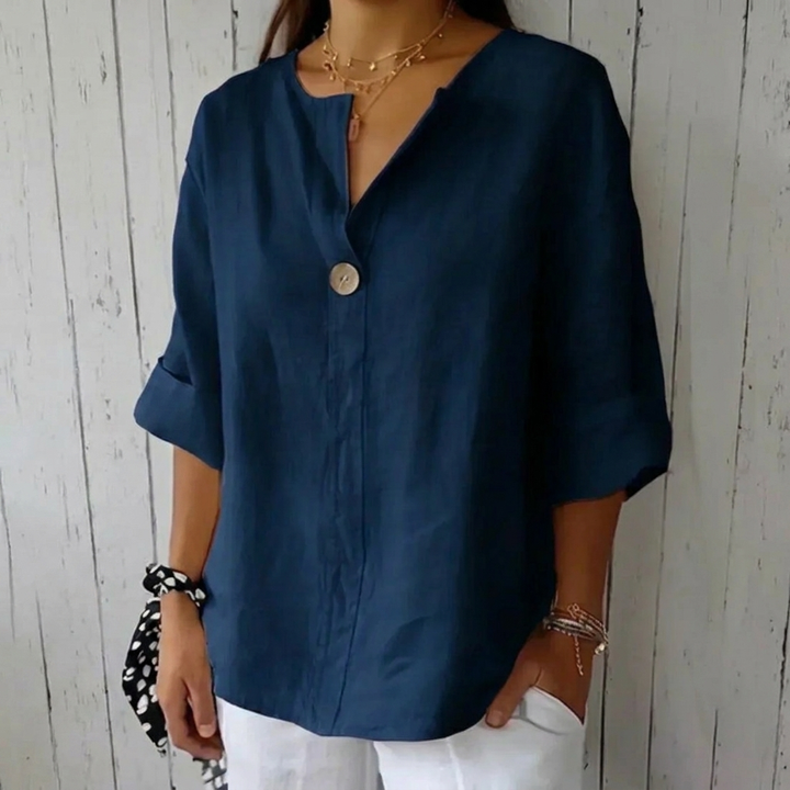 Classic Button-Down Blouse with Rolled Sleeves and Flattering V-Neck