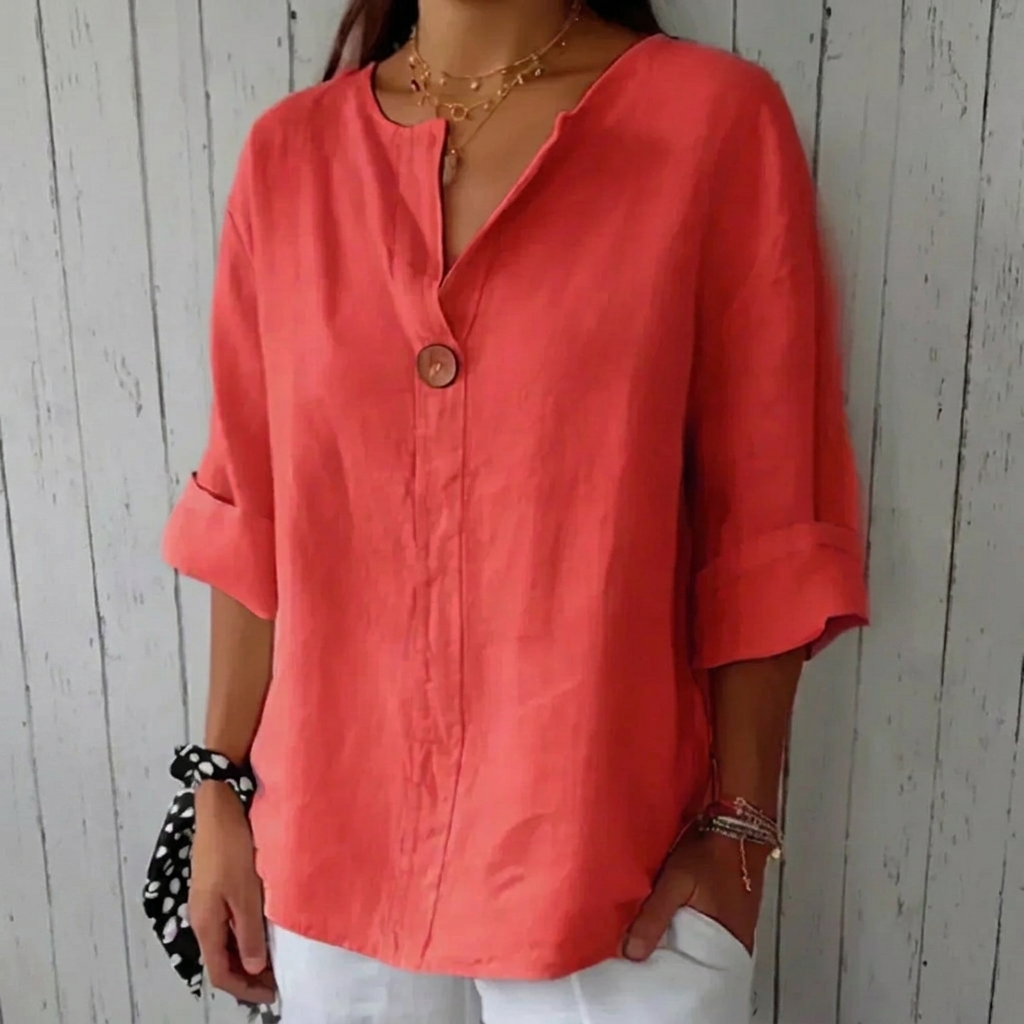 Classic Button-Down Blouse with Rolled Sleeves and Flattering V-Neck