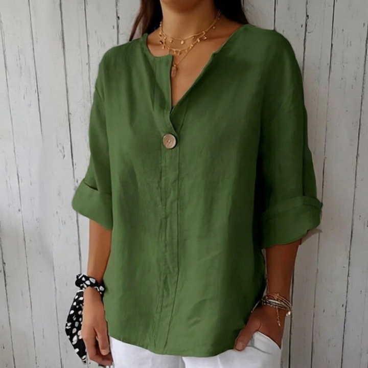 Classic Button-Down Blouse with Rolled Sleeves and Flattering V-Neck