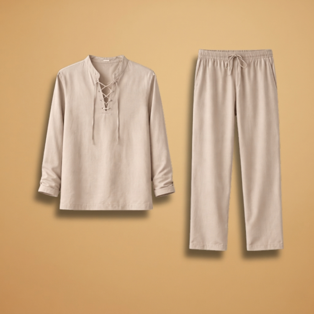 Casual Men’s Boho Set with Lace-Up Shirt and Wide-Leg Pants
