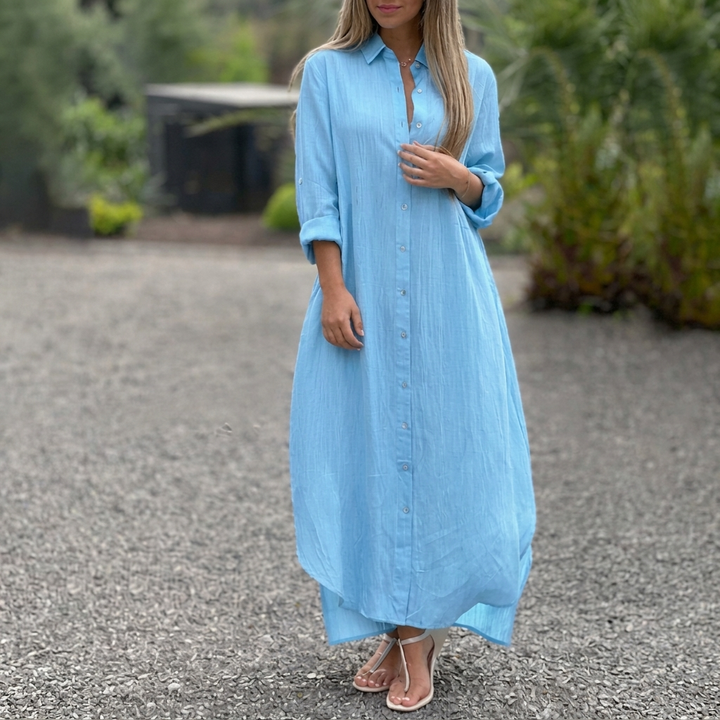 Women’s Collared Maxi Dress – Button-Front and Long Sleeves