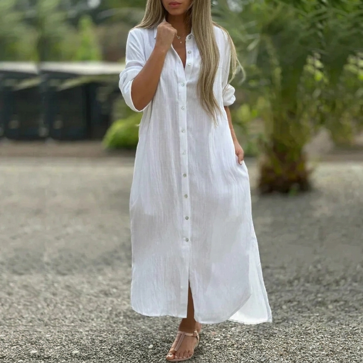 Women’s Collared Maxi Dress – Button-Front and Long Sleeves