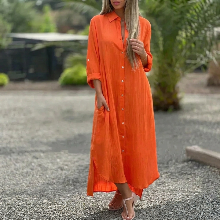 Women’s Collared Maxi Dress – Button-Front and Long Sleeves