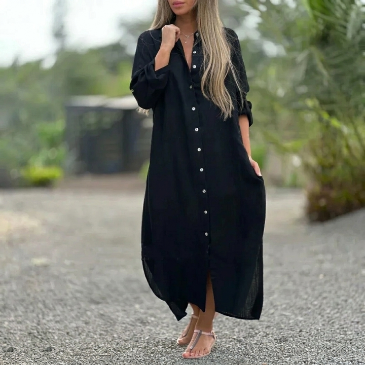 Women’s Collared Maxi Dress – Button-Front and Long Sleeves