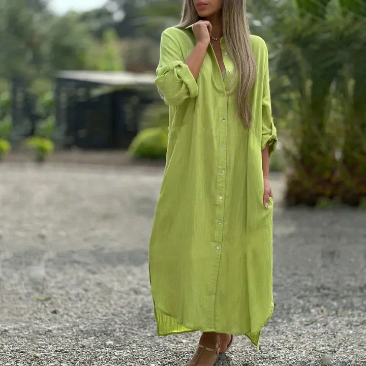 Women’s Collared Maxi Dress – Button-Front and Long Sleeves