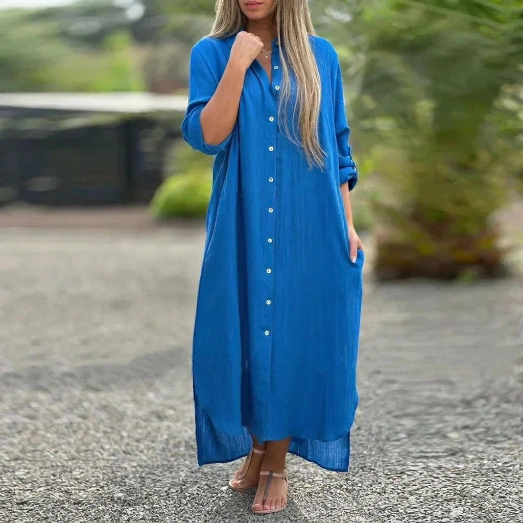 Women’s Collared Maxi Dress – Button-Front and Long Sleeves