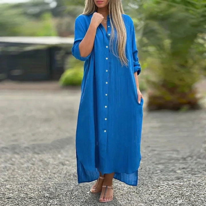 Women’s Collared Maxi Dress – Button-Front and Long Sleeves
