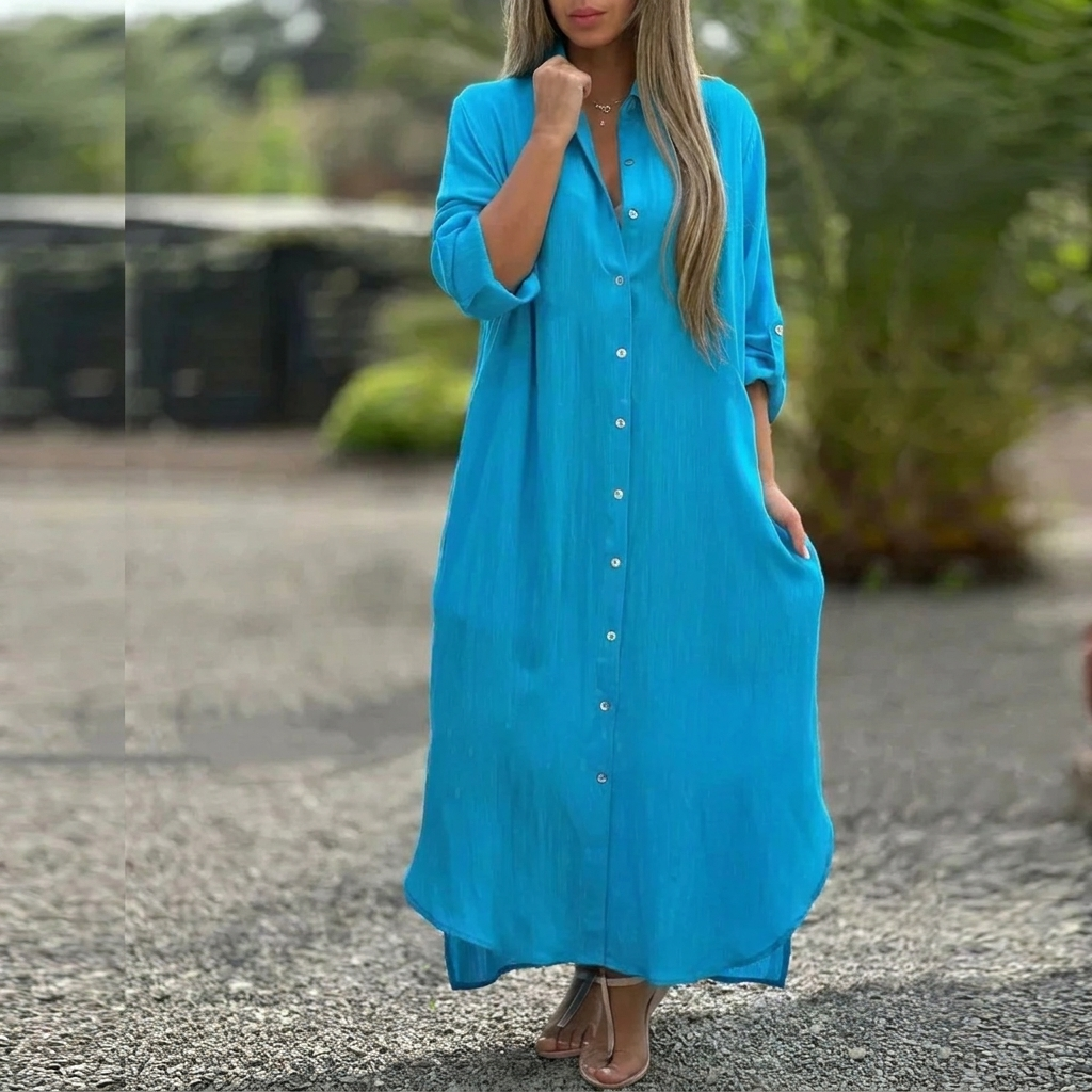 Women’s Collared Maxi Dress – Button-Front and Long Sleeves
