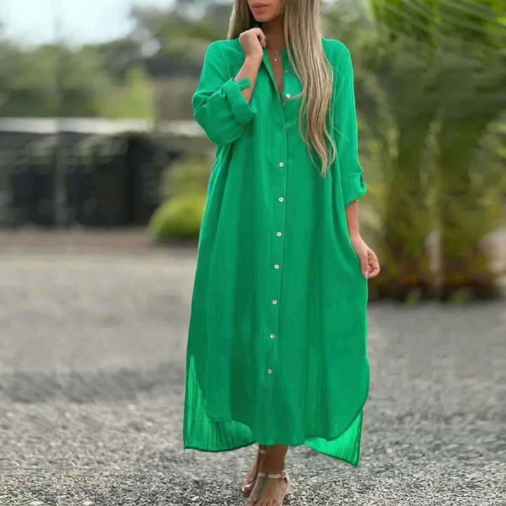 Women’s Collared Maxi Dress – Button-Front and Long Sleeves