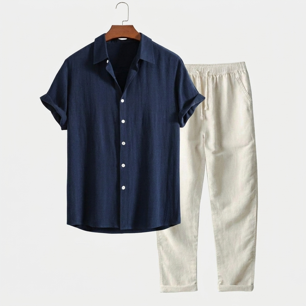 Men’s Casual Loungewear Set with Button-Down Shirt and Pants