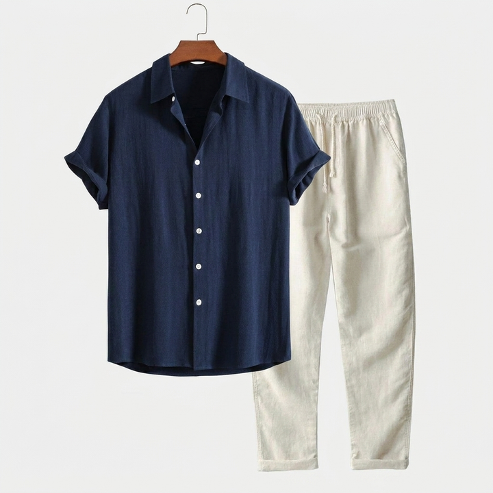 Men’s Casual Loungewear Set with Button-Down Shirt and Pants