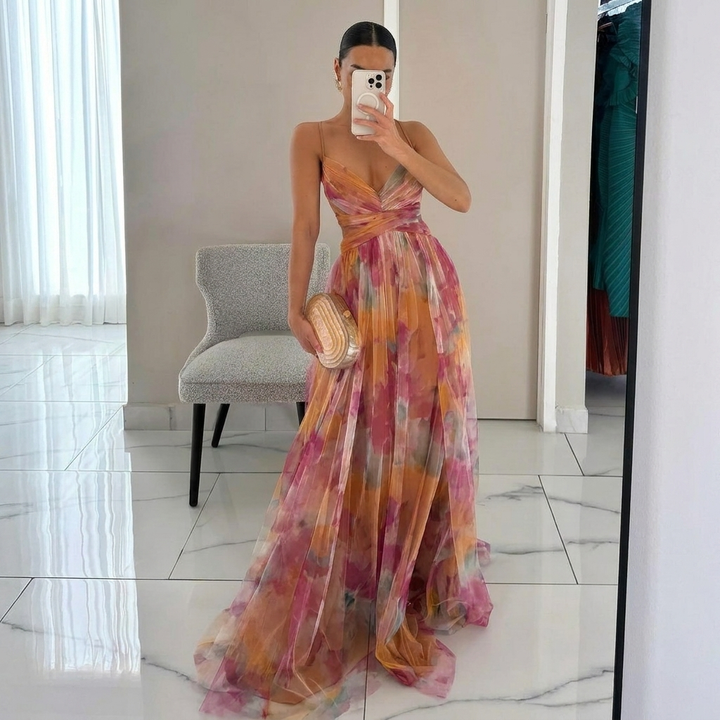 Flowing Spaghetti Strap Maxi Dress with Vibrant Print