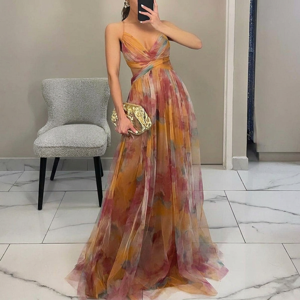 Flowing Spaghetti Strap Maxi Dress with Vibrant Print
