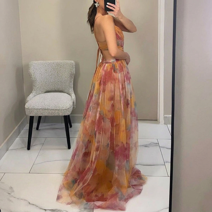 Flowing Spaghetti Strap Maxi Dress with Vibrant Print