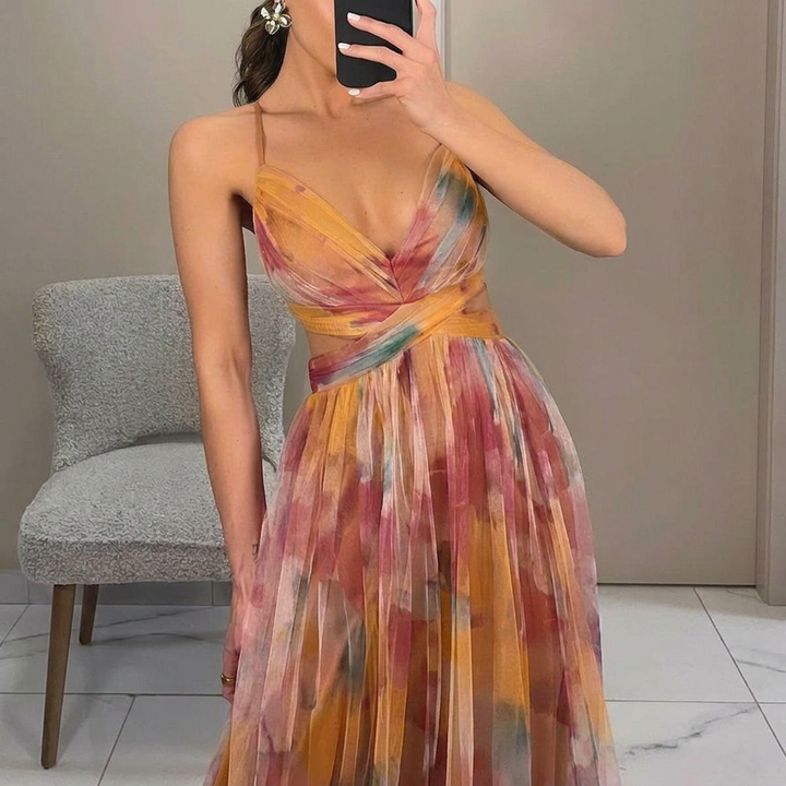 Flowing Spaghetti Strap Maxi Dress with Vibrant Print