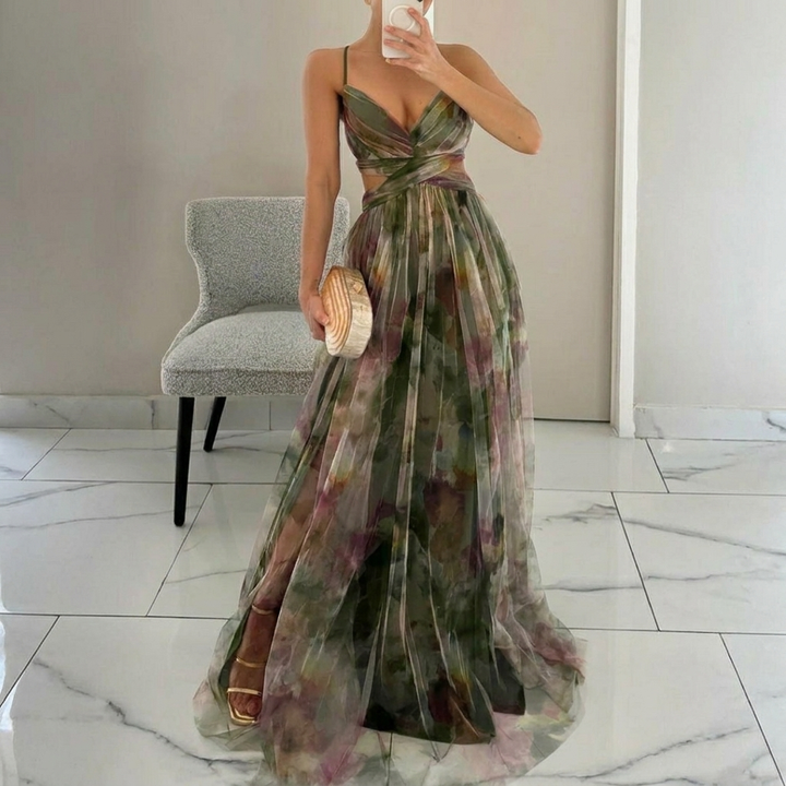 Flowing Spaghetti Strap Maxi Dress with Vibrant Print