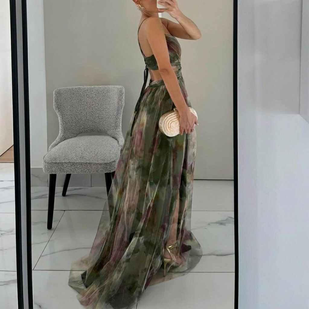 Flowing Spaghetti Strap Maxi Dress with Vibrant Print