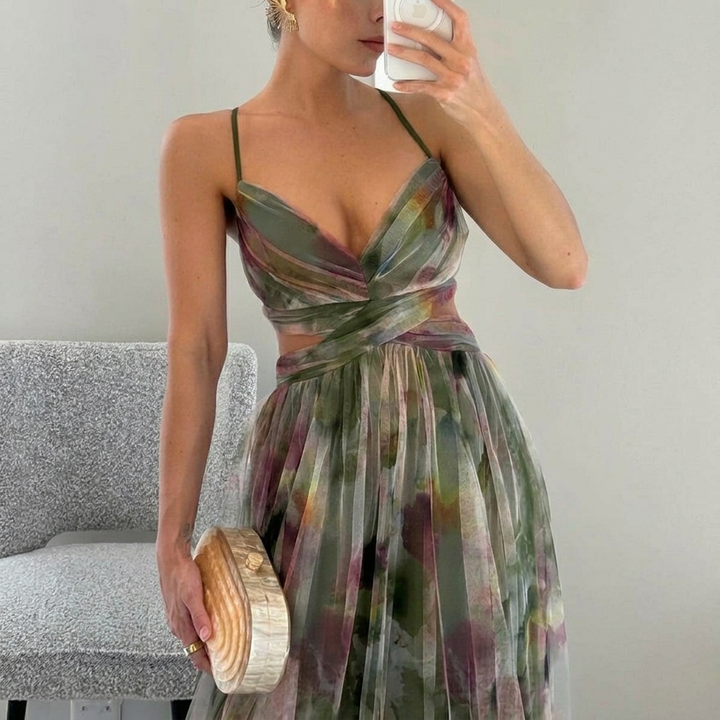 Flowing Spaghetti Strap Maxi Dress with Vibrant Print