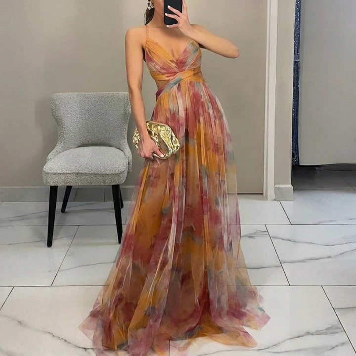 Flowing Spaghetti Strap Maxi Dress with Vibrant Print