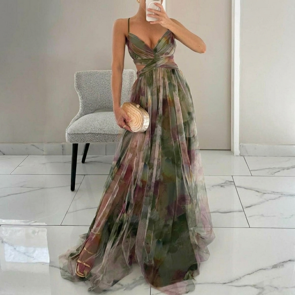 Flowing Spaghetti Strap Maxi Dress with Vibrant Print