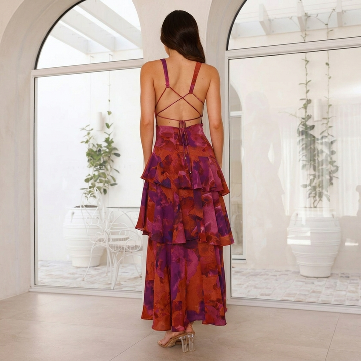 Elegant Tiered Maxi Dress with Floral Print
