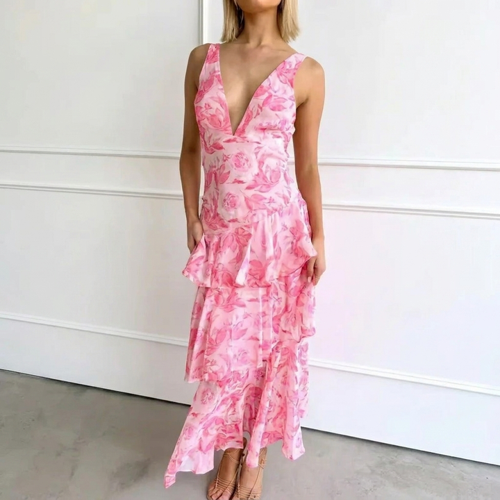Elegant Tiered Maxi Dress with Floral Print