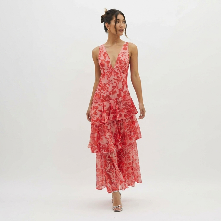 Elegant Tiered Maxi Dress with Floral Print